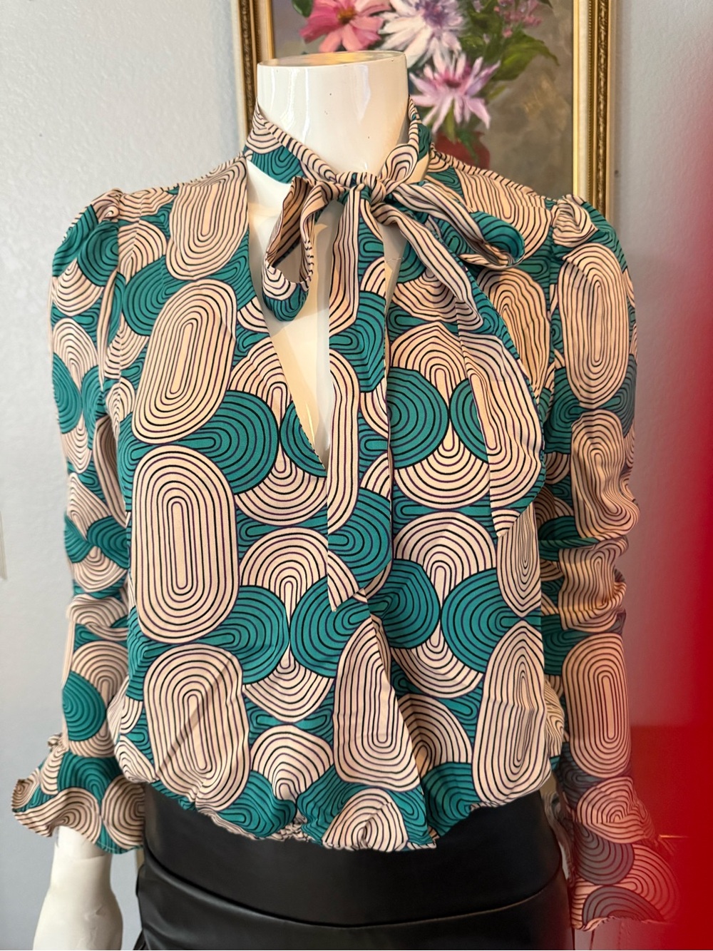 Tie-Neck Printed Blouse in Teal and Cream